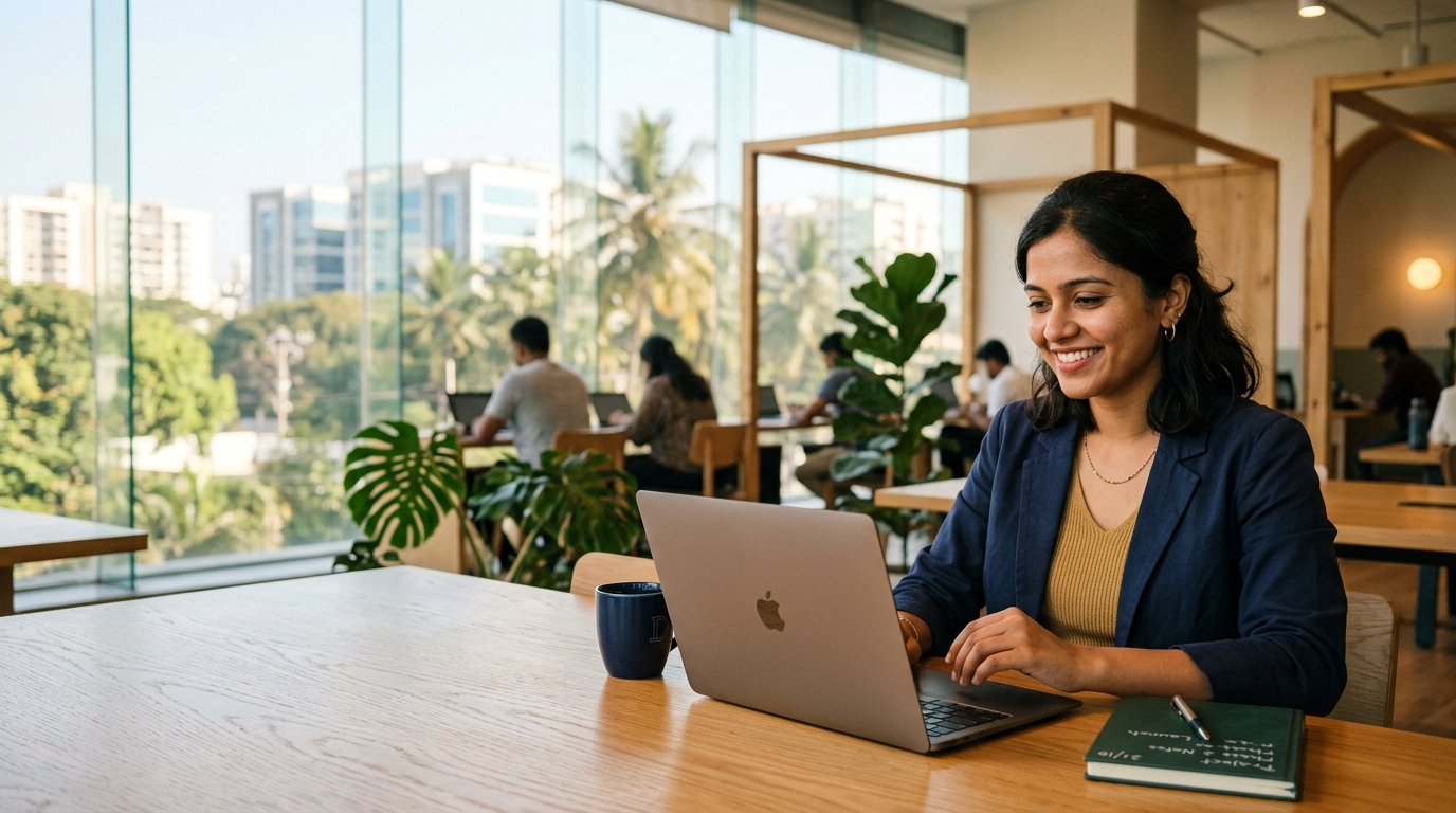 A confident professional working on career outreach from a bright modern tech office